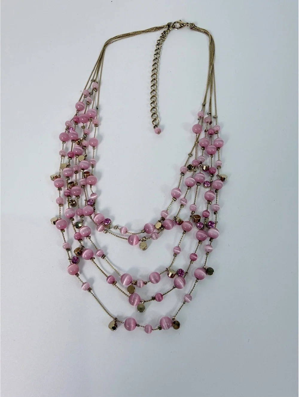 Chico's Pink Cat Eye Bead Multi-Strand Statement Necklace Gold Tone